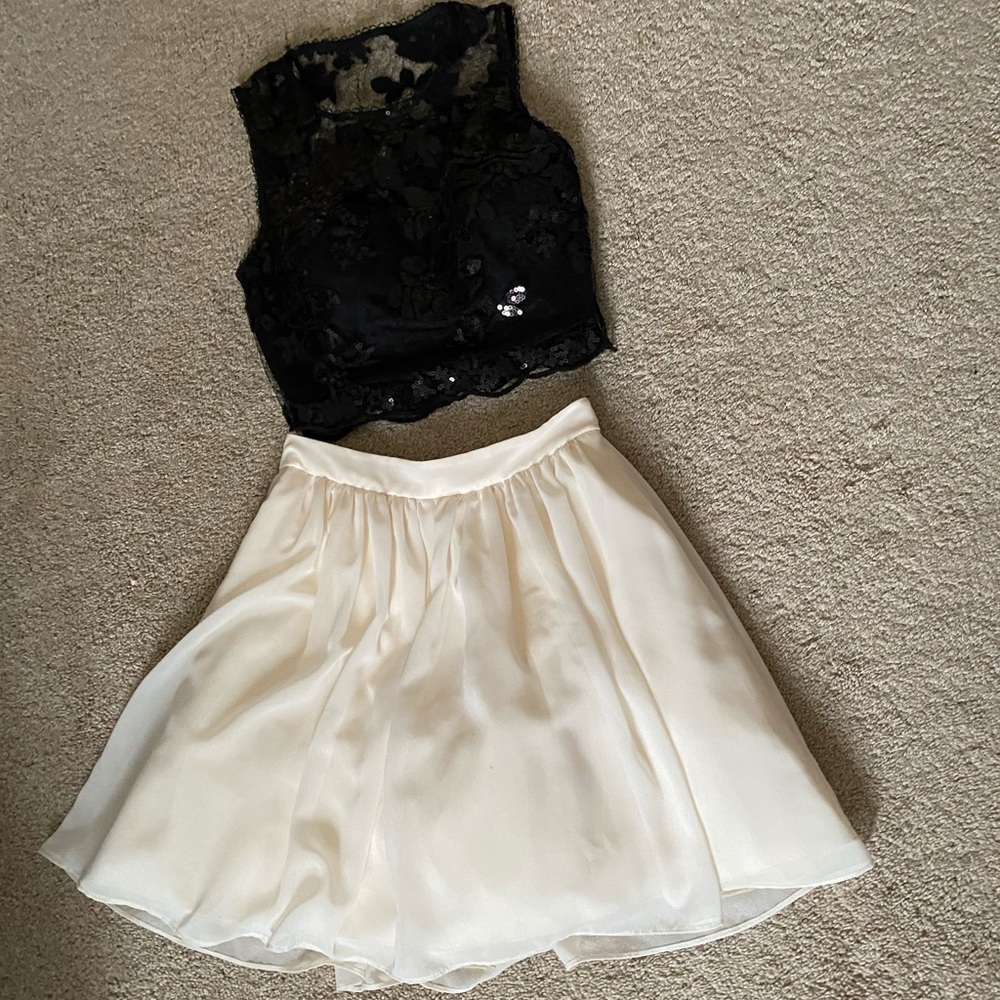 2 piece black lace and cream prom dress